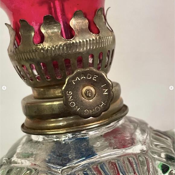 Vintage Glass Oil Lamp Handheld Mini Faceted Bottom Red Top Hong Kong PAIR - Picture 4 of 10